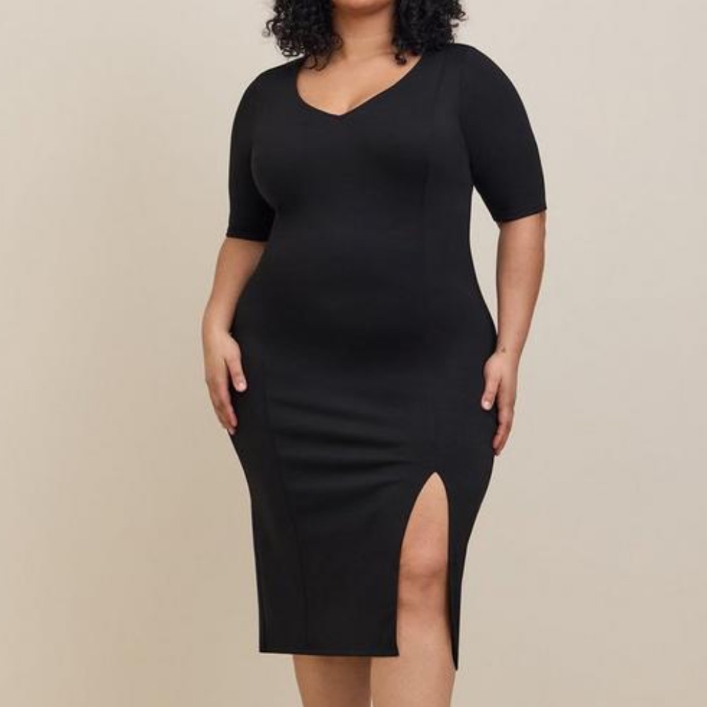 Torrid Black V-Neck Short Sleeve Studio Cupro Slide Slit Bodycon Midi Dress